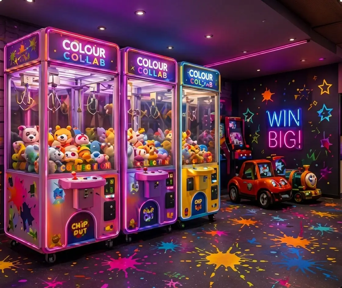 Neon claw machines filled with plush toys
