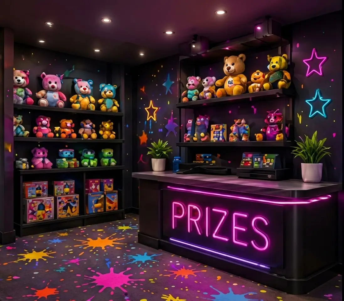 Prize counter with shelves of plush toys