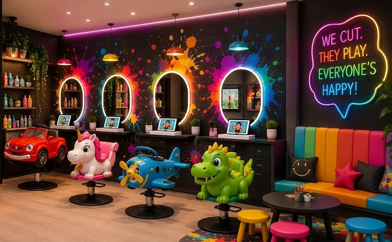 The Colour Collab kids barber with themed car, unicorn, plane and dinosaur chairs, neon mirrors and a colourful waiting couch