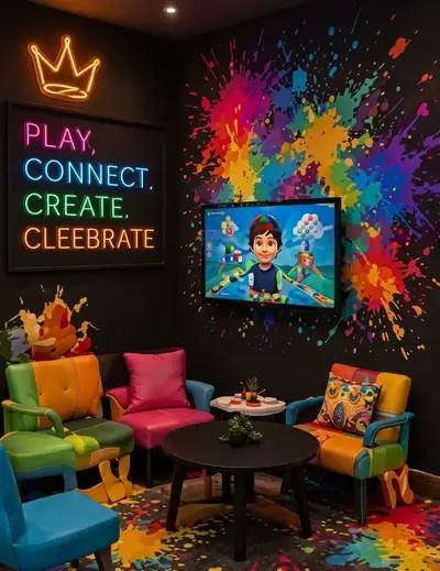 Colourful play and wait area at the kids barber