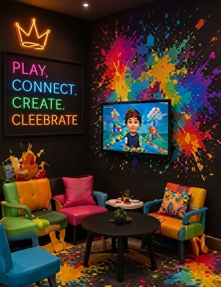 Colourful play and wait area with small chairs, a table and a screen