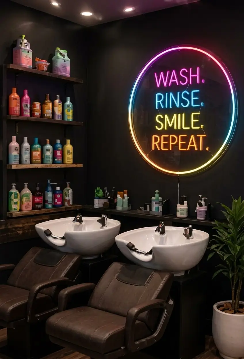 Wash area with two basins and a neon 'Wash. Rinse. Smile. Repeat.' sign