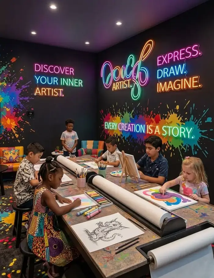 Children drawing and painting together in the Colour Collab art studio