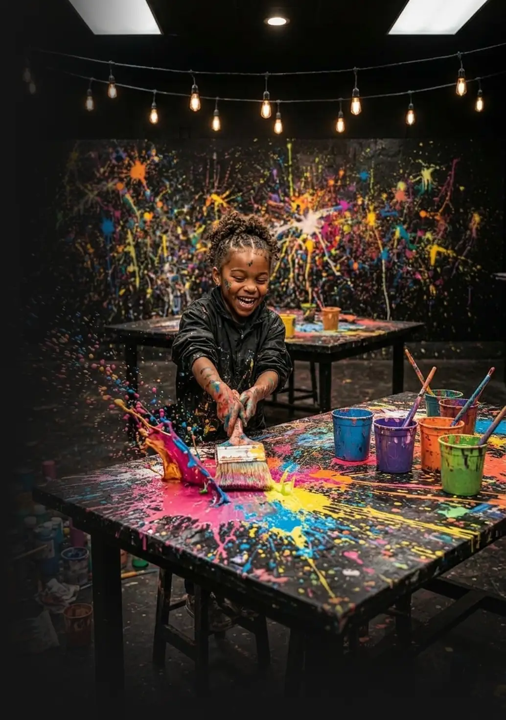 Girl laughing as she splashes paint across a table with a big brush