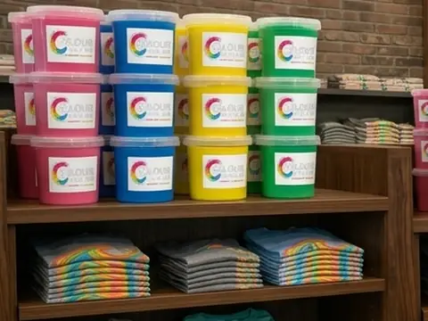Colourful paint tubs and rainbow t-shirts in the merch store