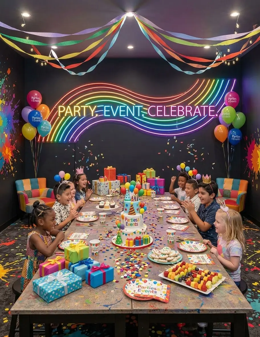 Children celebrating a birthday at a long table with cake, gifts and balloons under a rainbow neon sign reading 'Party. Event. Celebrate.'