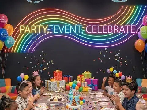 Rainbow neon sign over a party table