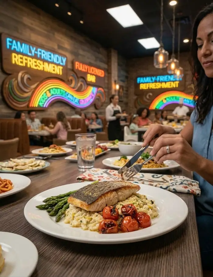 A plate of pan-seared fish with risotto, asparagus and roasted tomatoes
