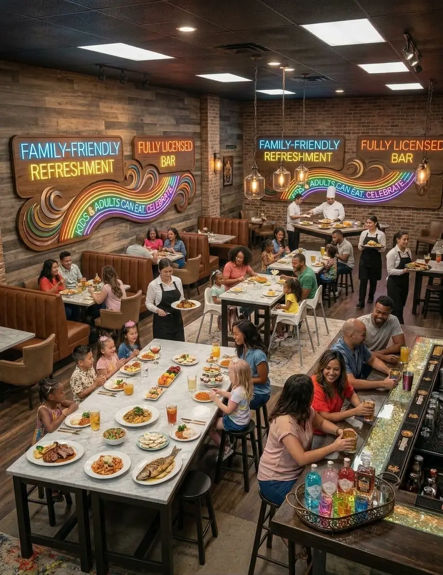 Families dining together in the Colour Collab restaurant under neon signs reading 'Family-friendly refreshment' and 'Fully licensed bar'